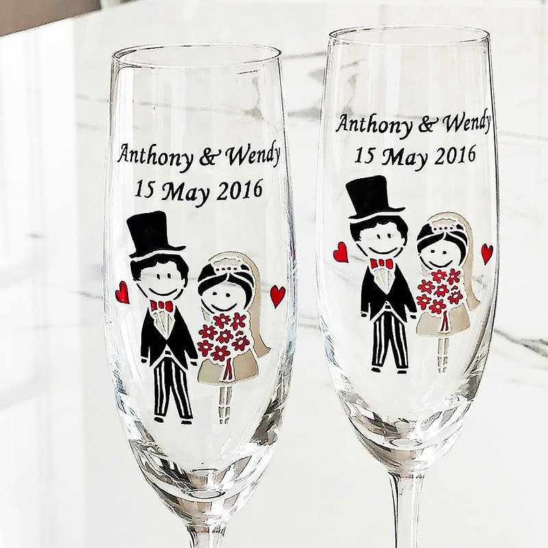 Champagne Glasses-Western Wedding04  (including casting & coloring name & date) - แก้วไวน์ - แก้ว หลากหลายสี