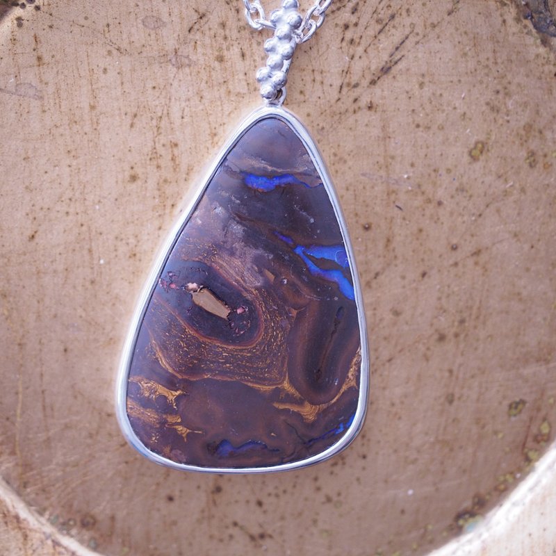 天然 礫背蛋白石 大顆 手工純銀項鍊 Boulder Opal - 項鍊 - 半寶石 咖啡色