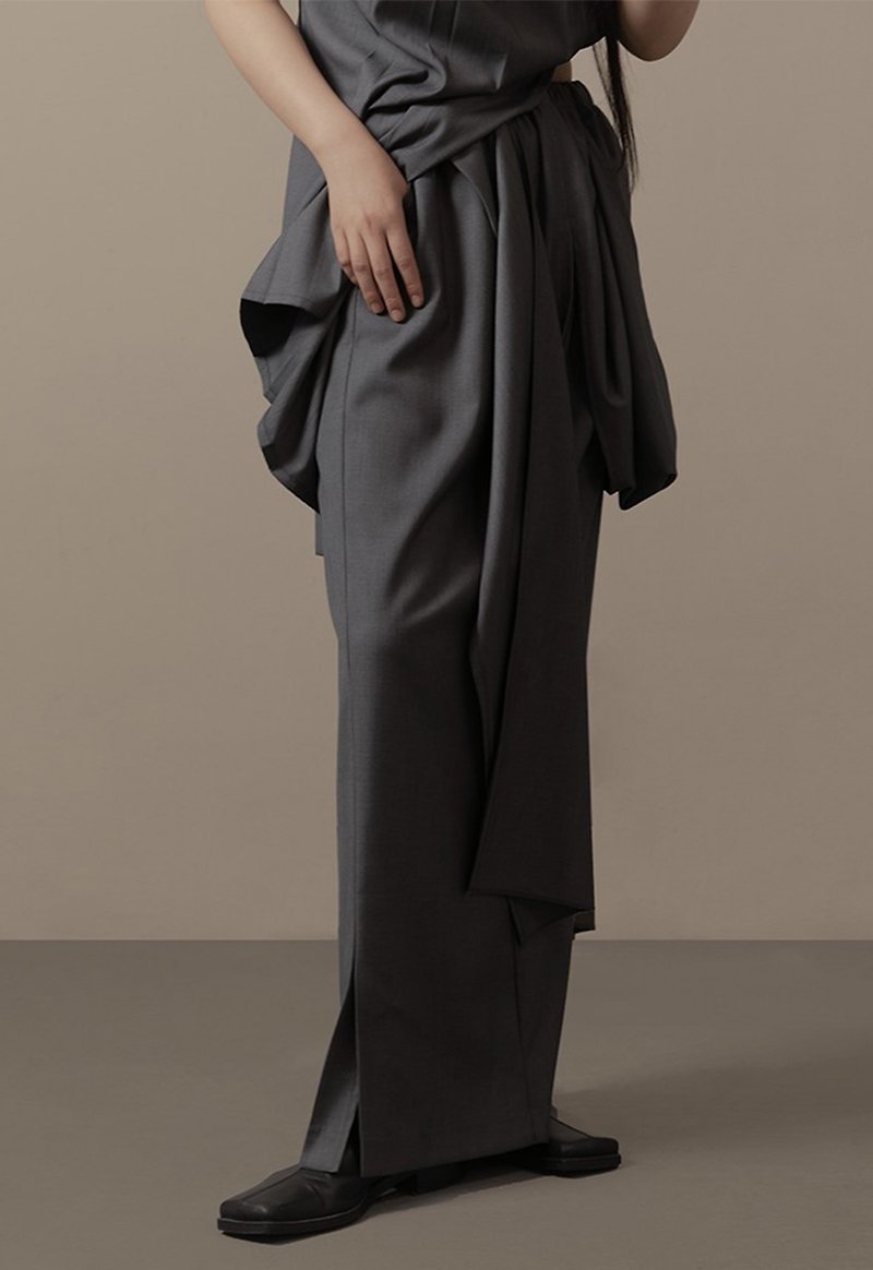 不規則褶皺開衩半身裙 直筒高腰裙 新中式 - 裙子/長裙 - 其他材質 灰色