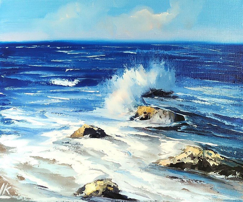 Sea Wave Original Oil Painting on Canvas Coast Painting Ocean Stormy Wall Art - 海報/掛畫 - 棉．麻 