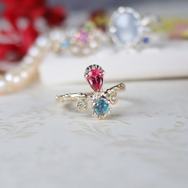 A magical ring with spinel, blue zircon and diamonds that will cheer you up. K10, size 13 (size adjustment available upon request) - แหวนทั่วไป - เครื่องเพชรพลอย 