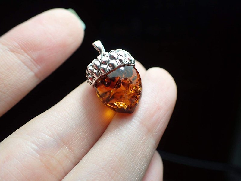 Baltic Amber Sterling Silver Acorn Pendant - Necklaces - Semi-Precious Stones Orange