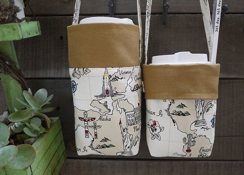 Double Sided Drink Bag ~~ (World Map) One Large Cup One Side ~ Zodiac 750 Burner - Beverage Holders & Bags - Cotton & Hemp Khaki