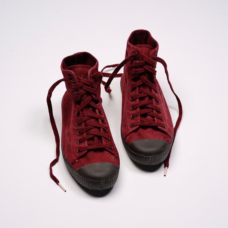 西班牙帆布鞋 CIENTA U61777 82 酒紅色 黑底 洗舊布料 大人 高筒 - 女款休閒鞋 - 棉．麻 紅色