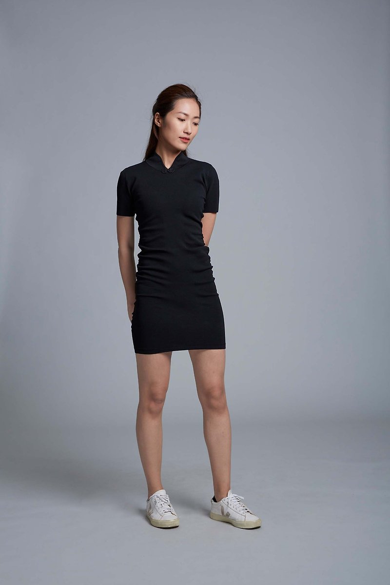 ニット半袖チャイナドレススカート (黒) | 香港デザイン - チャイナドレス - ポリエステル ブラック