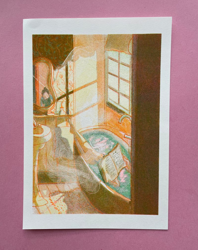 A5 Riso 原創插畫印品 Sunny Bath Reading原創Risograph孔版版畫 - 壁貼/牆壁裝飾 - 紙 多色