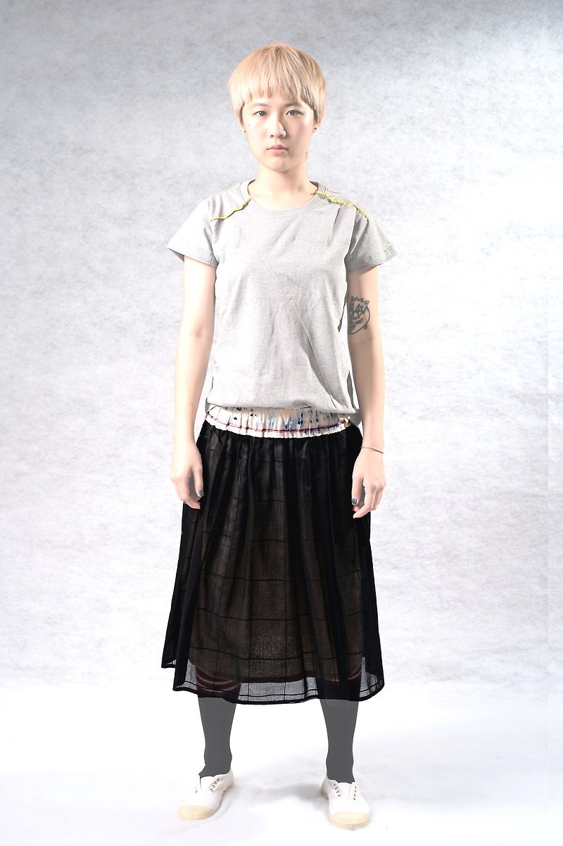 Lightweight black gauze skirt with painted jump color waist - Skirts - Cotton & Hemp Black