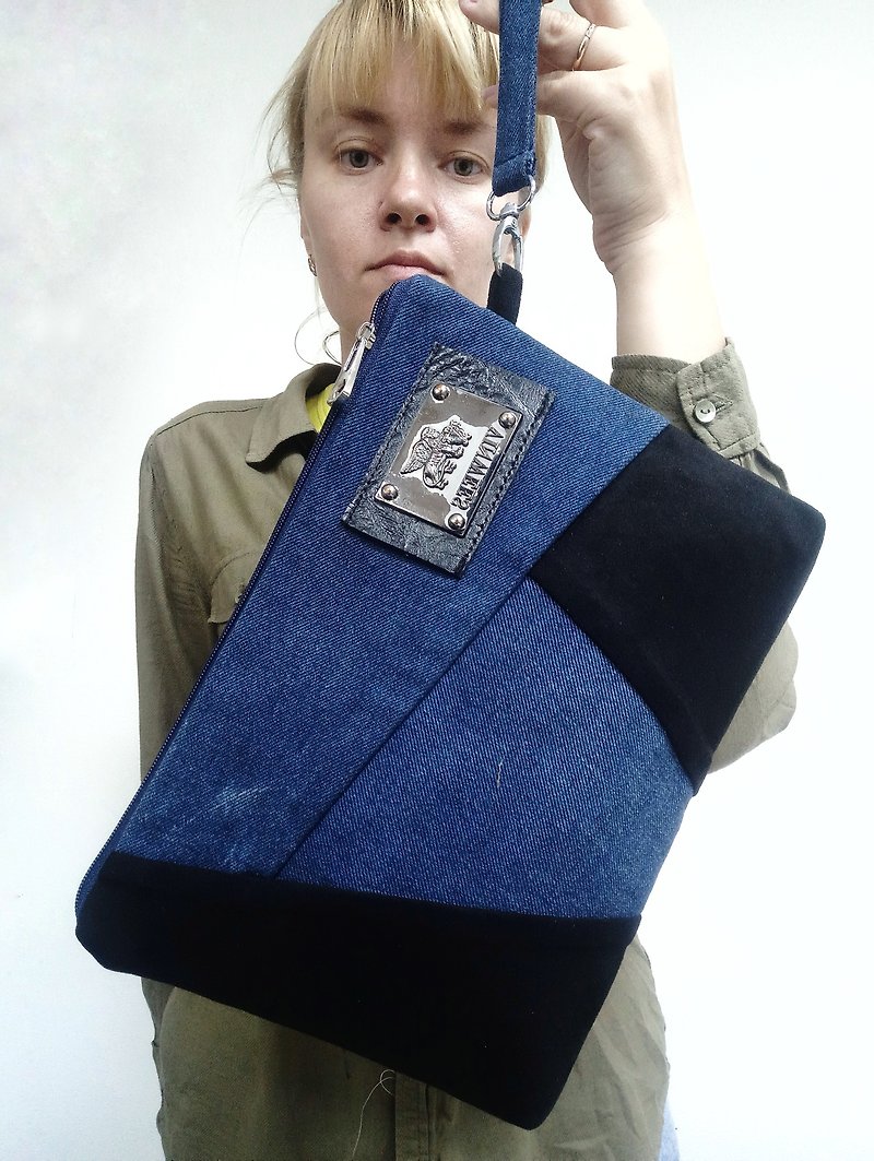Denim clutch,small handbag,handmade, (suede and jeans) - Clutch Bags - Other Materials Blue