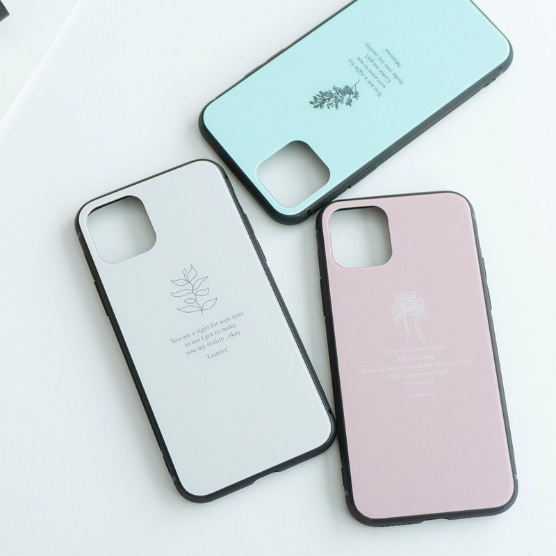 北歐花語鋼化玻璃手機殼 iPhone/Android 莫蘭迪色 含羞草 銀蓮花 - 手機殼/手機套 - 玻璃 白色