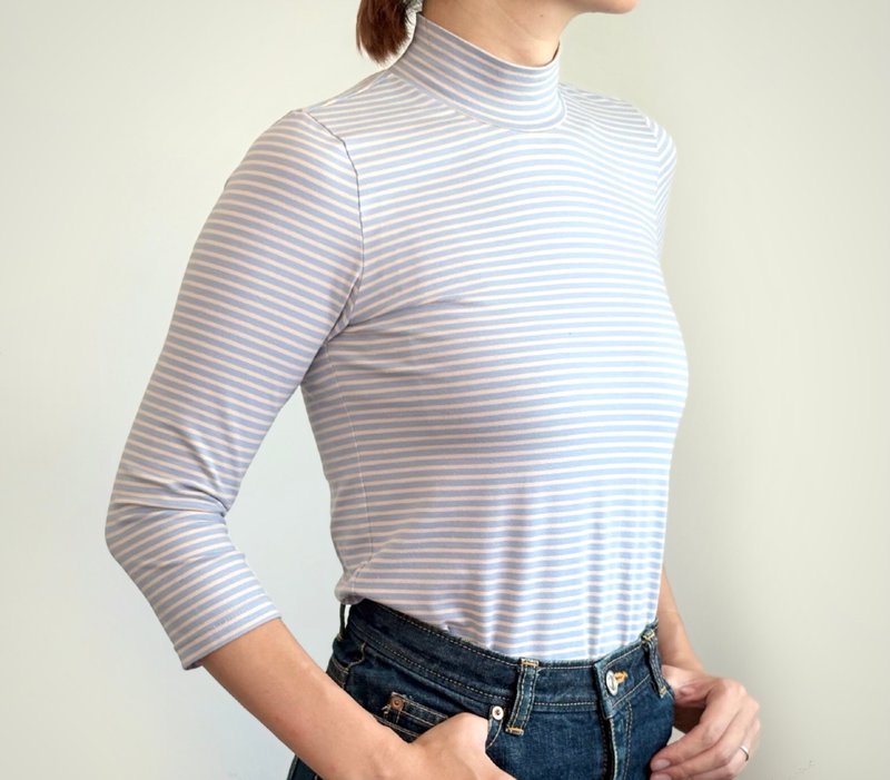 【フランス製生地 使用】形にこだわった フレンチボーダー ハイネックTシャツ 7分袖【サイズ展開有】 - 女 T 恤 - 棉．麻 黑色