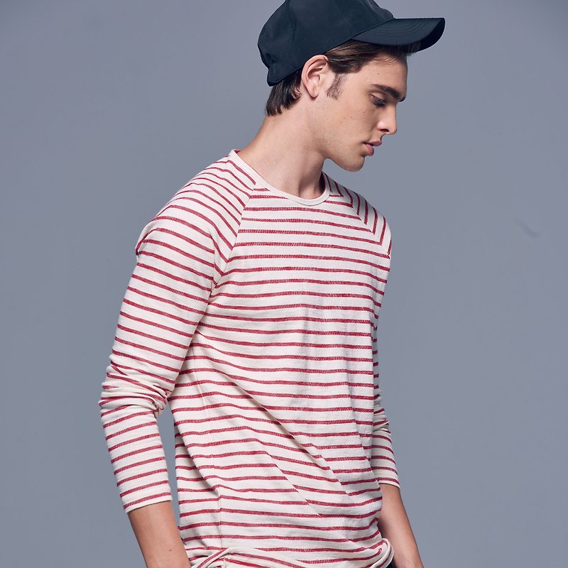 Stone@s Basic Striped long-sleeved Tee / red stripes - เสื้อยืดผู้ชาย - ผ้าฝ้าย/ผ้าลินิน สีแดง