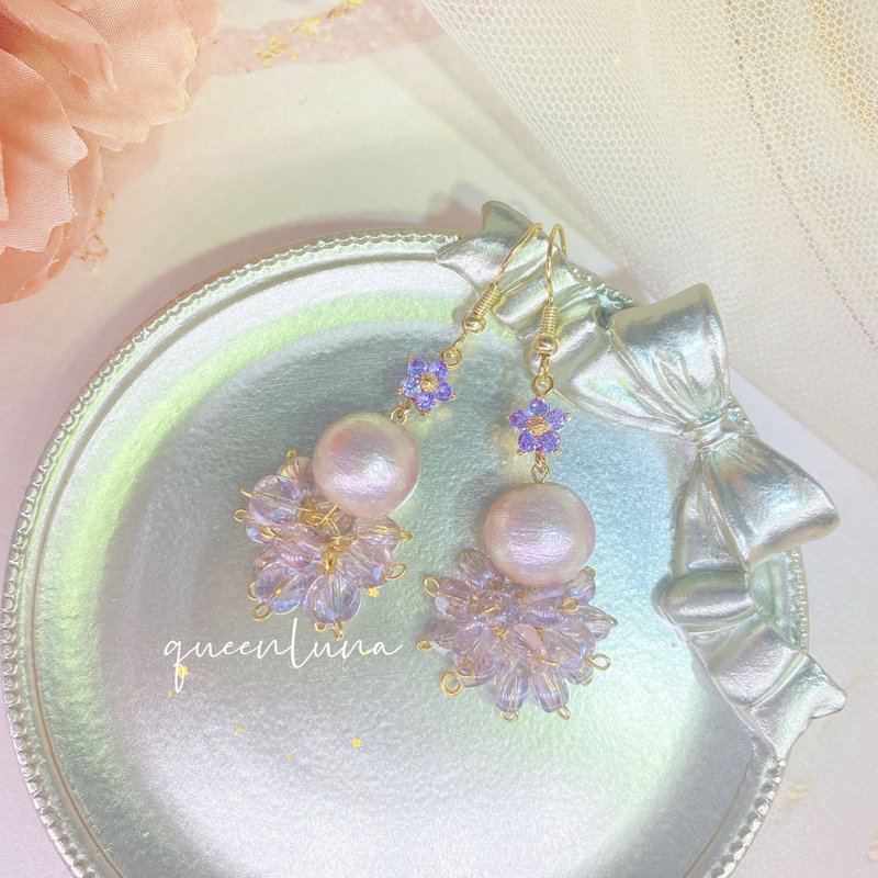 Japanese Cotton Bead Crystal Flower Earrings - ต่างหู - คริสตัล สีม่วง