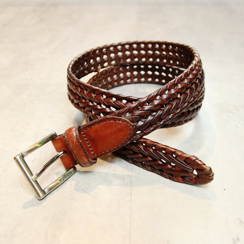 Tsubasa.Y ancient house red brown FOSSIL metal side buckle woven ancient belt 001, leather belt - เข็มขัด - หนังแท้ 