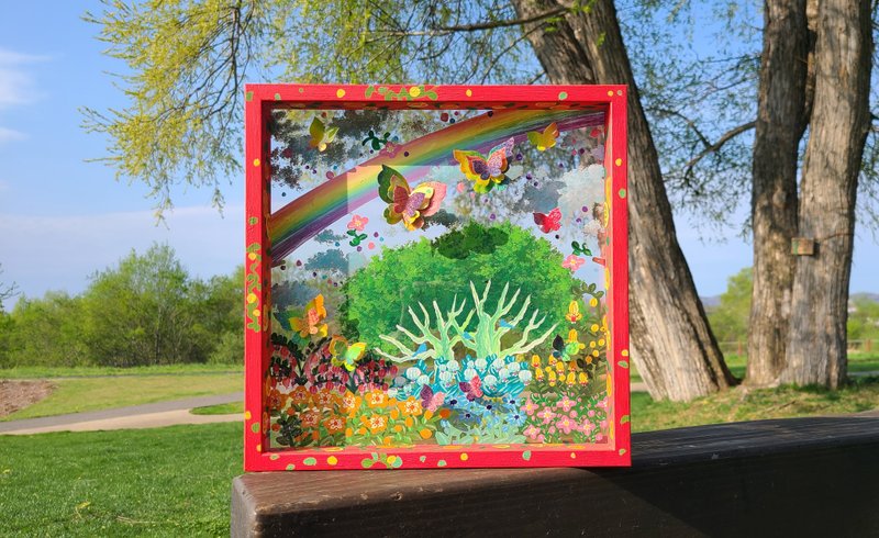 【受注生産/虹庭散歩】　透明アート　影絵　インテリア　花　蝶々　オブジェ　絵画　赤　レッド - 海報/掛畫/掛布 - 壓克力 紅色