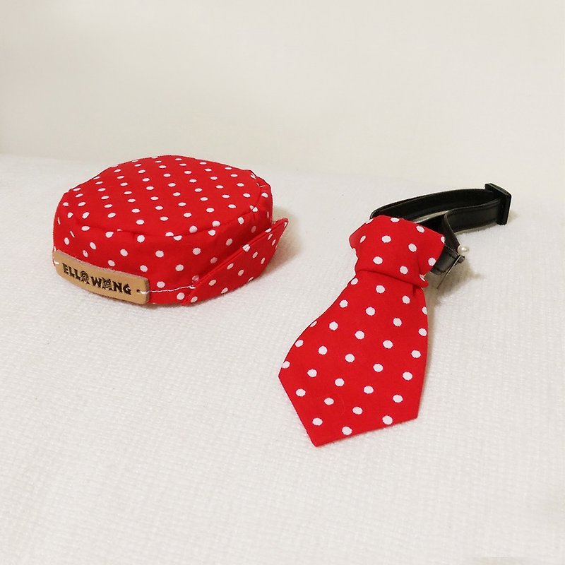 Ella Wang Design Hat Cap + Tie Tie Pet Red Water Jade Dot Set - ชุดสัตว์เลี้ยง - ผ้าฝ้าย/ผ้าลินิน สีแดง