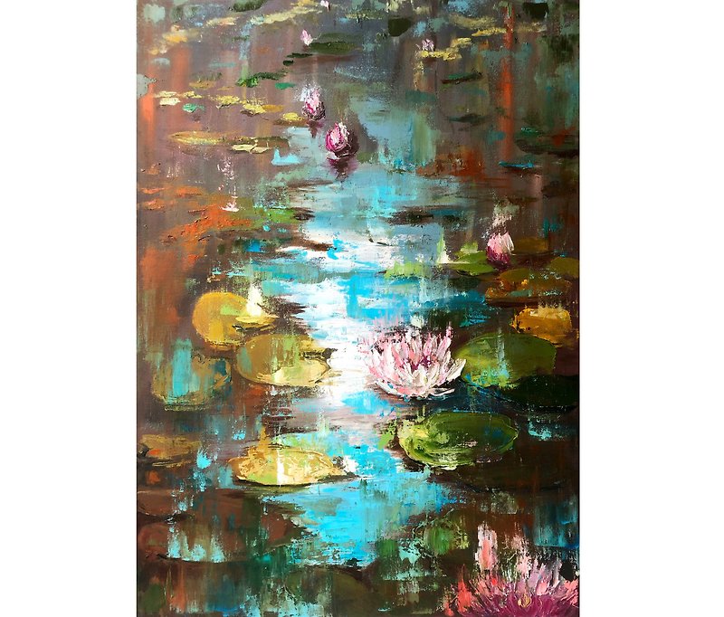 Water lilies original oil painting wall decor 蓮花池 - โปสเตอร์ - วัสดุอื่นๆ หลากหลายสี