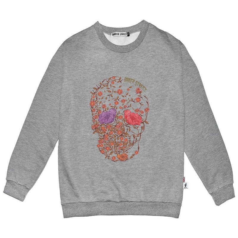British Fashion Brand -Baker Street- Blossom Skull Printed Sweatshirt - เสื้อฮู้ด - ผ้าฝ้าย/ผ้าลินิน สีเทา
