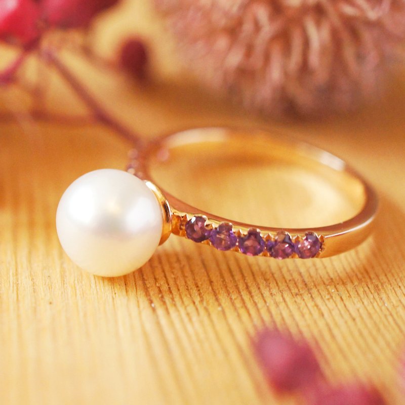 VICTORIA - 7mm Round Freshwater Pearl with Amethyst 18K Rose Gold Plated Silver Ring - General Rings - Gemstone Purple