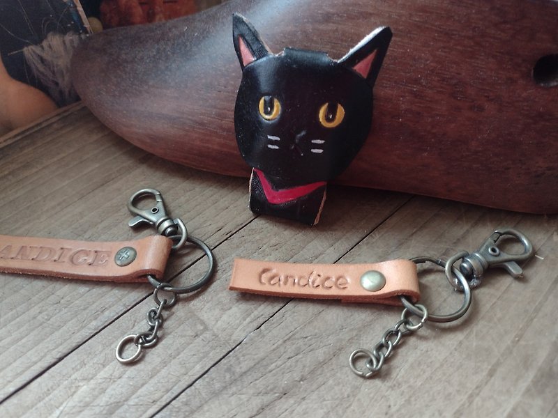 Cute black cat cat meow star pure leather key ring - can be engraved - ที่ห้อยกุญแจ - หนังแท้ สีดำ