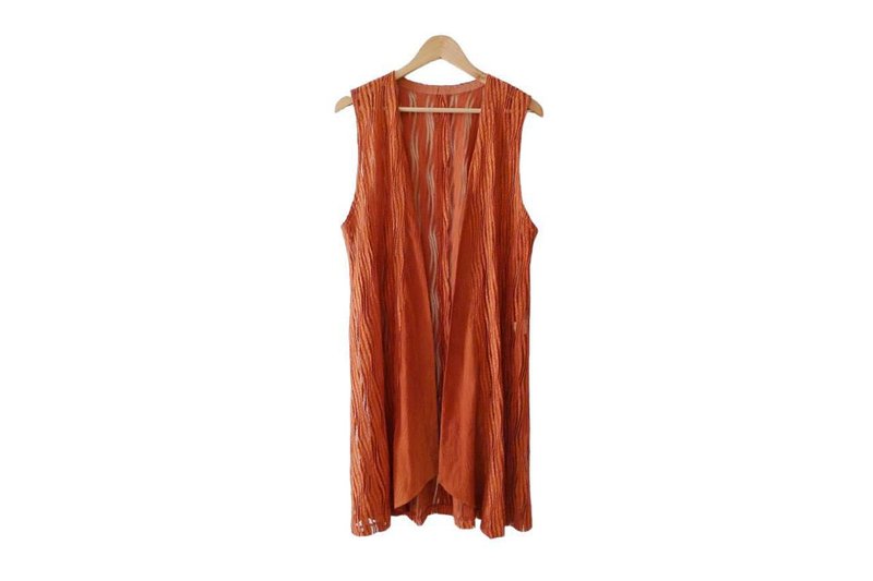 70s Sheer Lace Orange Brick sleeveless midi open duster, Free Size - 女大衣/外套 - 聚酯纖維 橘色
