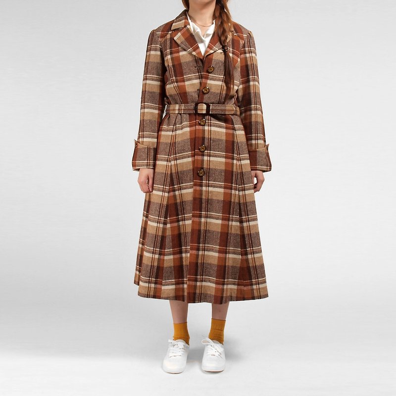 │moderato│ Scotland Plaid lapel coat long coat / Girl Retro London boy young artists. Personalized boyfriend - Women's Casual & Functional Jackets - Other Materials Brown