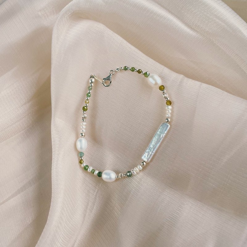 [4 colors] sparkling natural stone bracelet 925 silver embellished with green tourmaline freshwater pearl customized jewelry - Bracelets - Semi-Precious Stones 