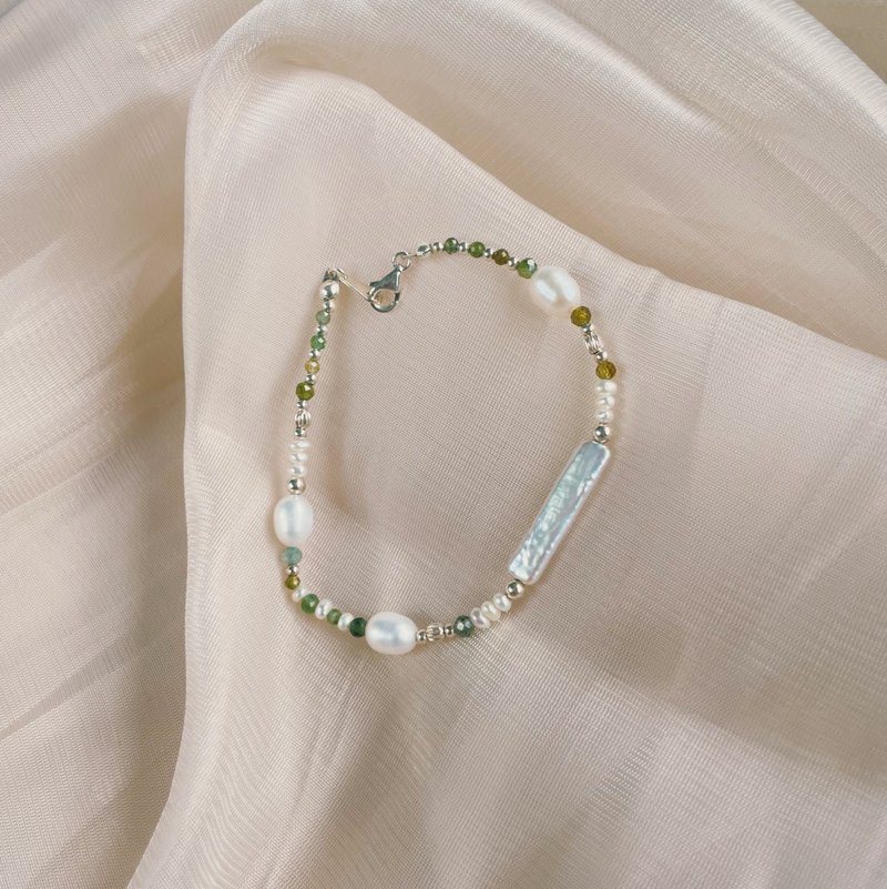 [4 colors] sparkling natural stone bracelet 925 silver embellished with green tourmaline freshwater pearl customized jewelry - Bracelets - Semi-Precious Stones 