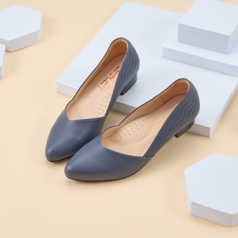 Wide last_embossed splicing pointed toe low heels dark blue - High Heels - Genuine Leather Blue