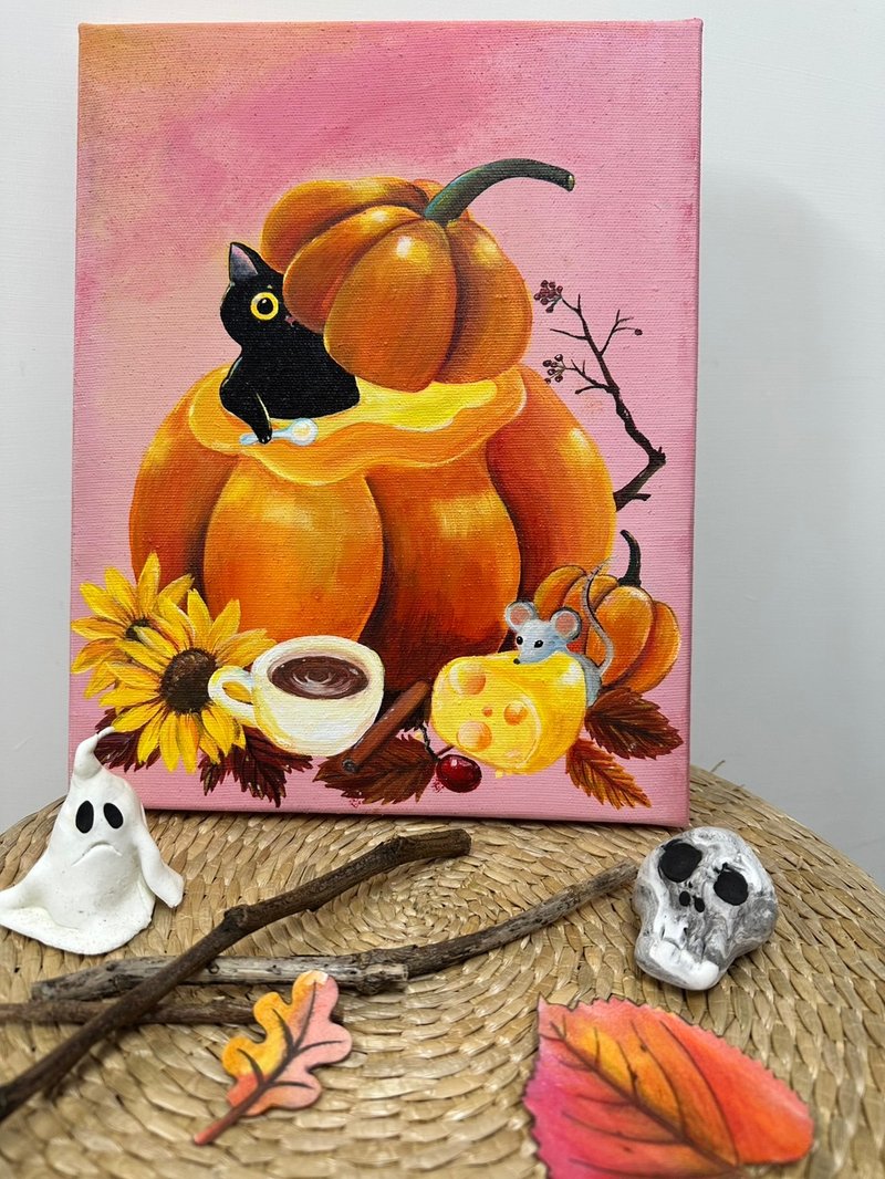 Hanging painting/frameless painting/hand-painted original painting/pumpkin soup and little black cat - Posters - Cotton & Hemp 