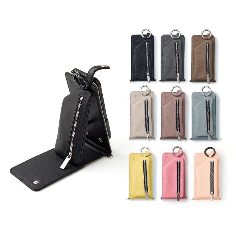 ajew vertical zipphonecase shoulder (with strap) - เคส/ซองมือถือ - หนังเทียม สีดำ
