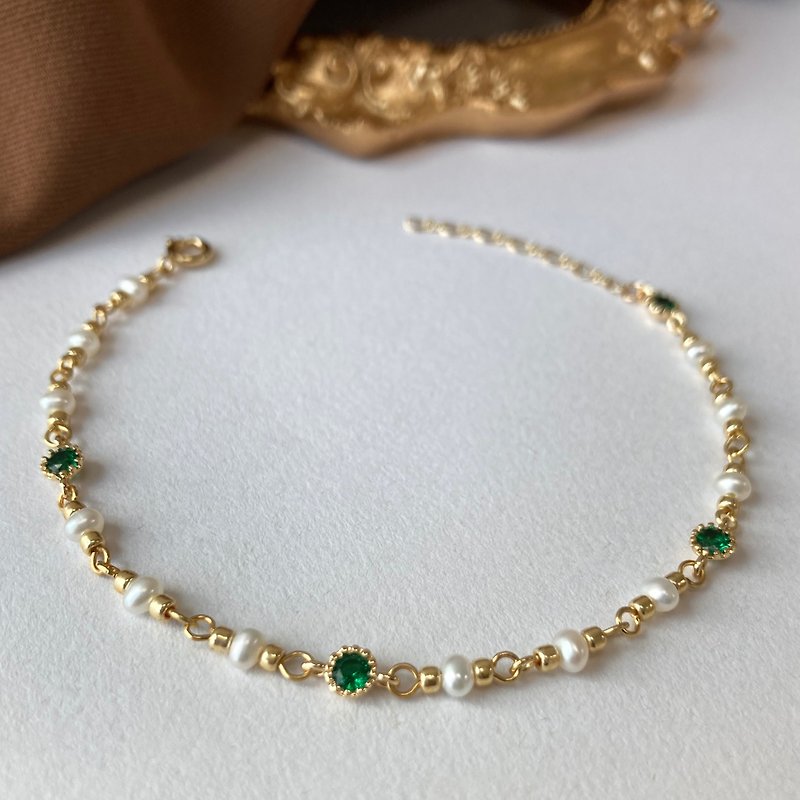 14K gold bag green Stone natural pearl bracelet necklace clavicle chain 14KGF - สร้อยข้อมือ - ไข่มุก สีเขียว