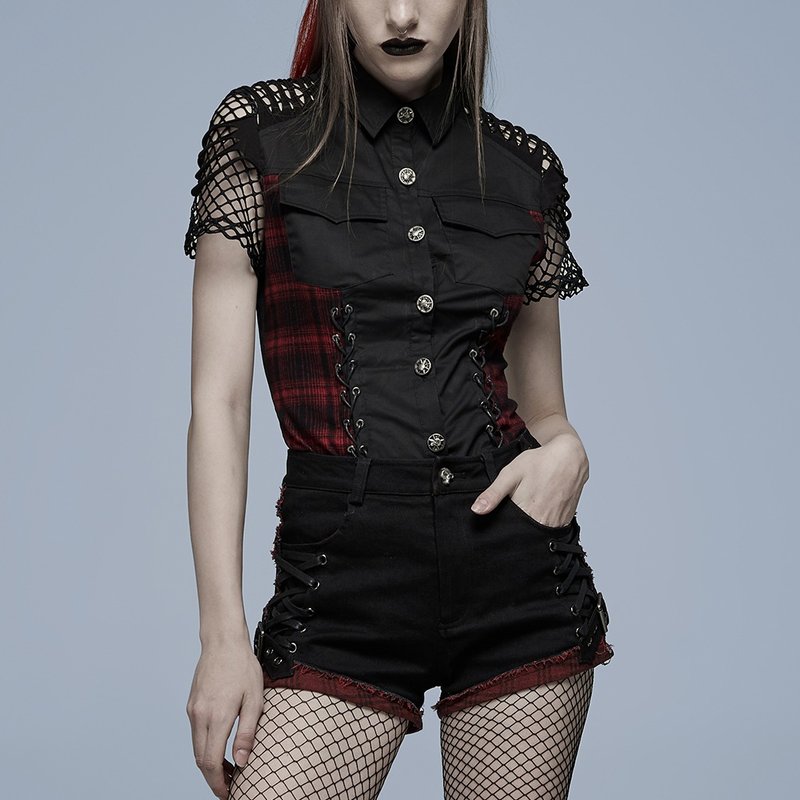 ゴシックカレッジレッドチェック柄デニムホットパンツ - ショートパンツ レディース - その他の素材 ブラック