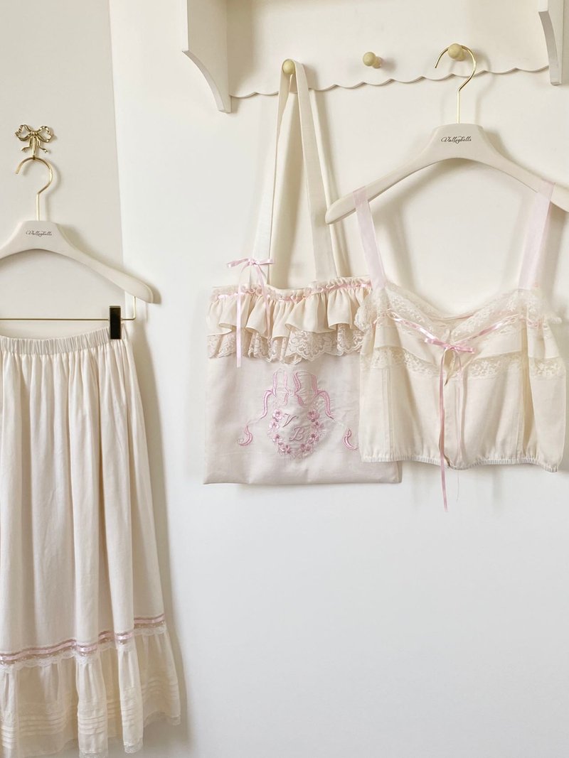リボン桜刺繍リネンレースショルダーバッグ - トートバッグ・ハンドバッグ - コットン・麻 ピンク