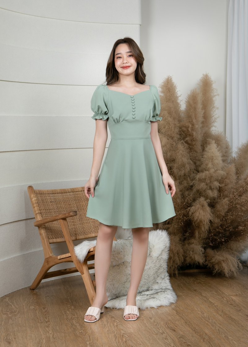 Sage green dress puff sleeve vintage retro style sundress cute handmade dress - One Piece Dresses - Polyester Green