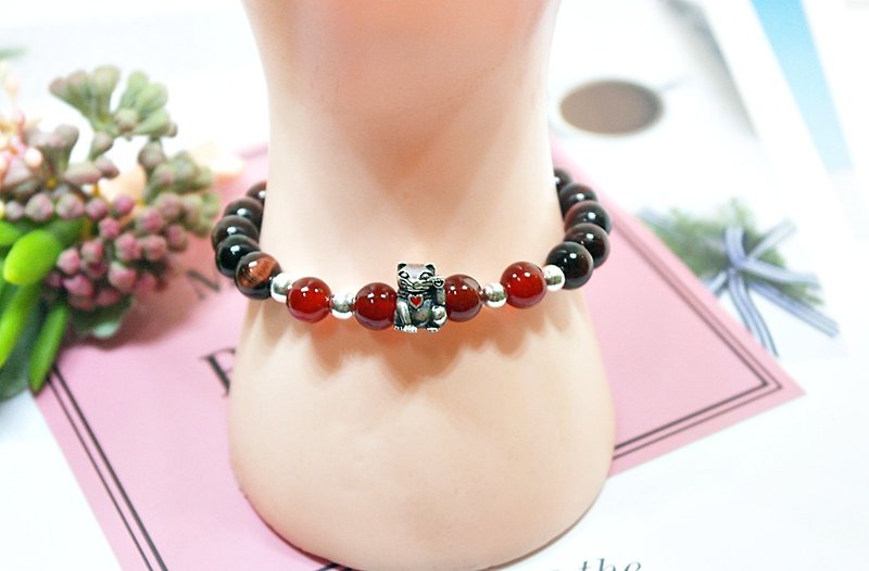 Natural Stone X Silver Elastic Bracelet <Love Lucky Cat> #招财#Lovely-Limited*1- - Bracelets - Gemstone Red