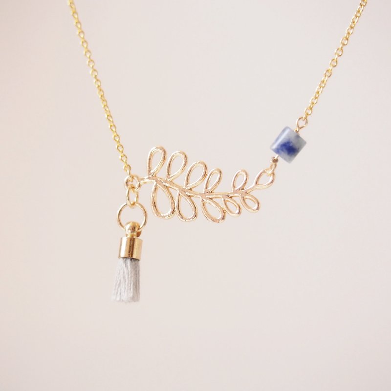 Symbol of Peace, Olive Branch, Blue Stone, Small Tassel, Gold Plated Copper Necklace (45cm) - สร้อยติดคอ - โลหะ สีทอง