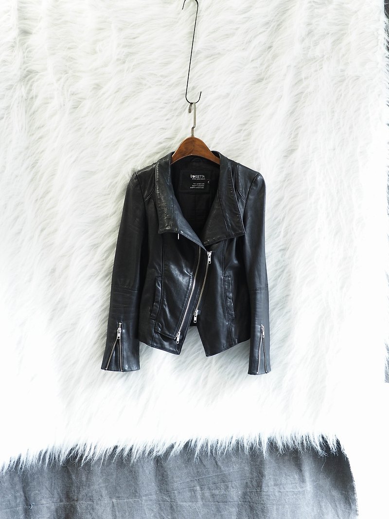 Borsetta asymmetric independent youth design antique sheepskin leather zipper jacket jacket vintage - เสื้อแจ็คเก็ต - หนังแท้ สีดำ