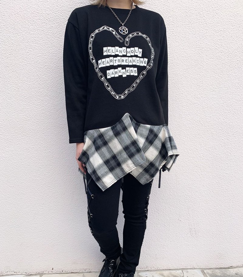 Switching check flare pullover/F size/hellcatpunks/hcp-t-0078 - เสื้อฮู้ด - ผ้าฝ้าย/ผ้าลินิน สีดำ