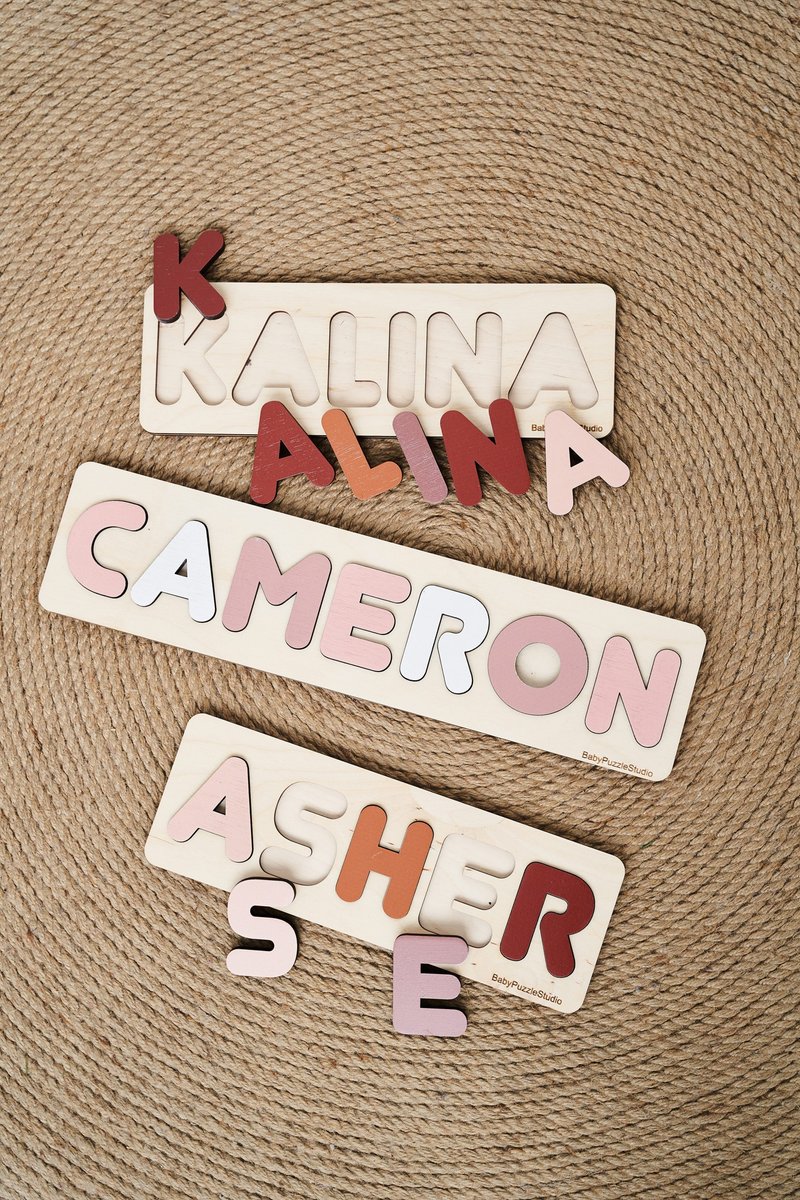 Customized Gift Customized Gift for Baby Wooden Name Sign, Jigsaw Puzzle Toddler - ของเล่นเด็ก - ไม้ สีนำ้ตาล