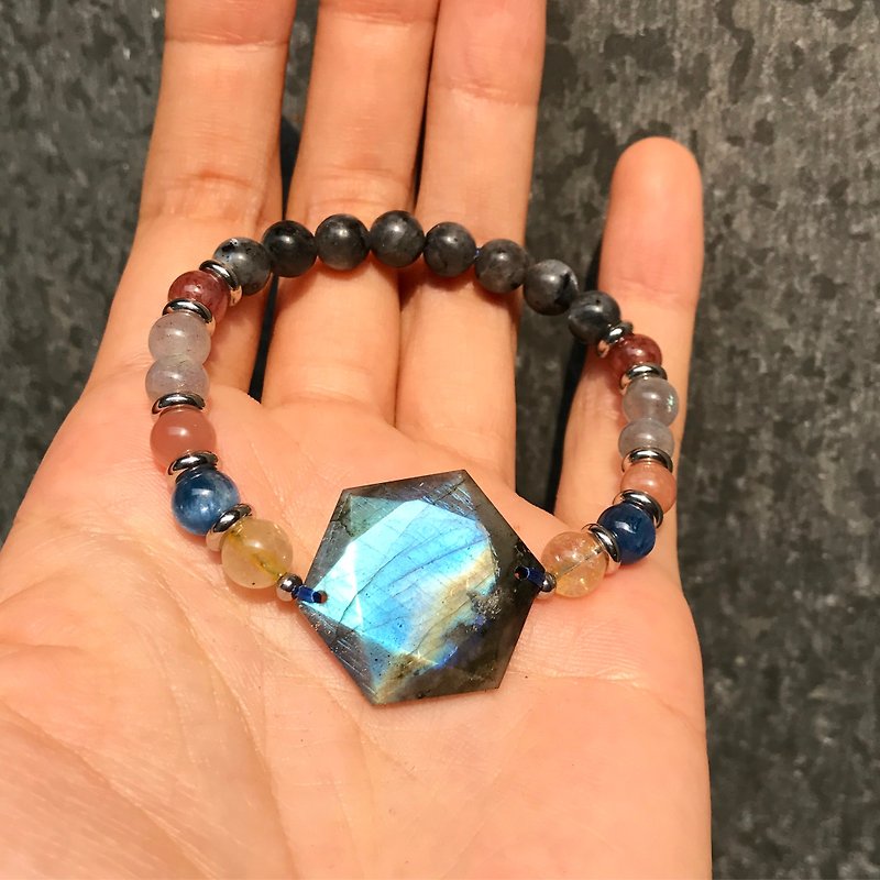 [] Lost and find natural labradorite light stone crystal bracelet hexagram - Bracelets - Gemstone Blue