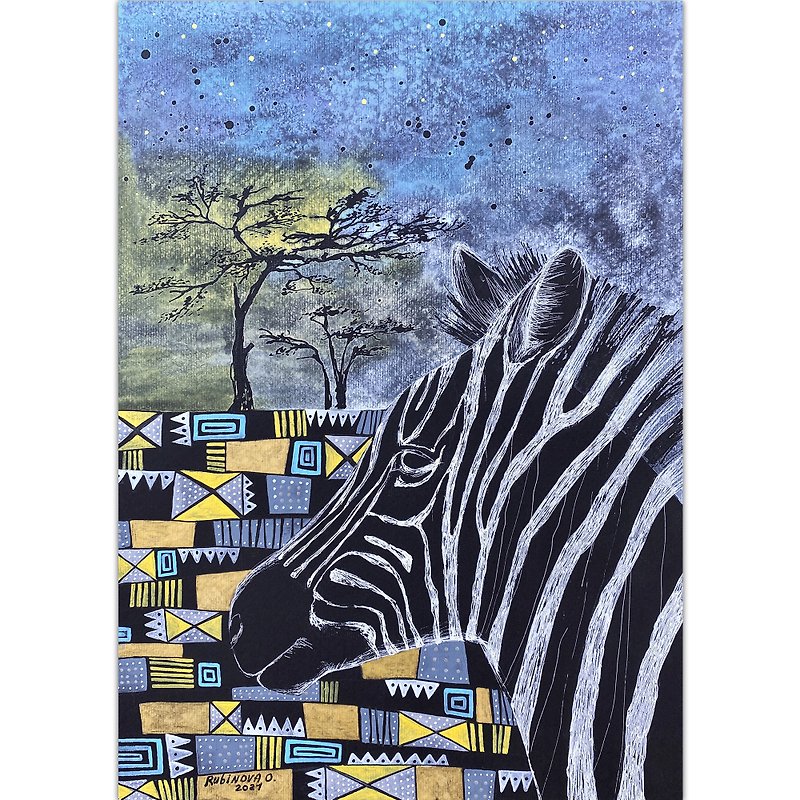 Zebra painting African art Original watercolor Animal wall decor Black paper art - 掛牆畫/海報 - 紙 藍色