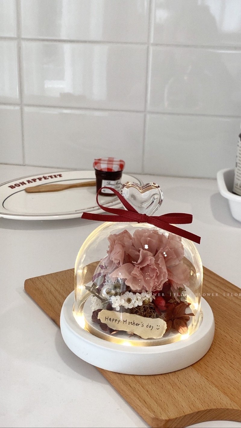 Flora Flower永生花愛心玻璃罩夜燈-母親節快樂 - 乾燥花/永生花 - 植物．花 粉紅色