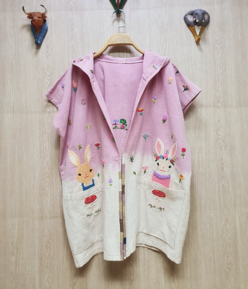 可愛手工刺繡開衫-棉、兔家 - 背心/無袖上衣 - 繡線 粉紅色