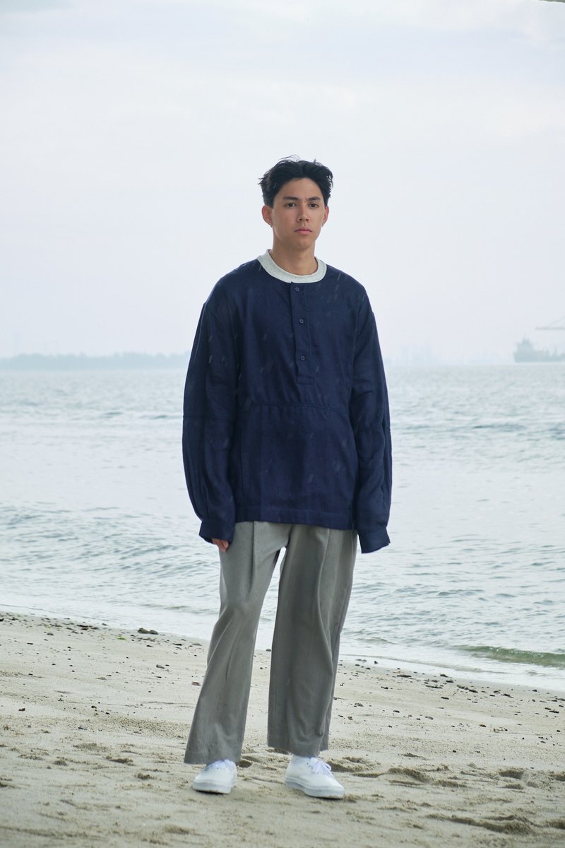 Oversized Linen Grid Shirt - Navy Blue - เสื้อเชิ้ตผู้ชาย - ผ้าฝ้าย/ผ้าลินิน สีน้ำเงิน