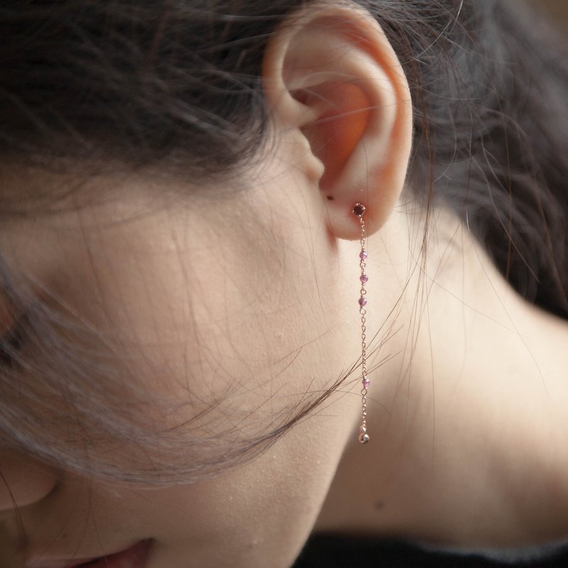 Pink garnet pendant earrings (long and short) - ต่างหู - เงินแท้ 