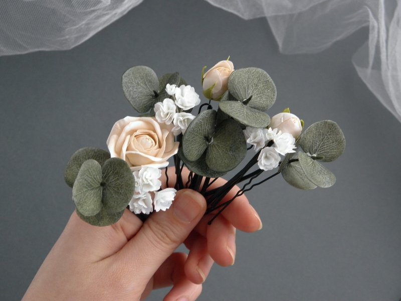 Flowers wedding hair pins Brial hair piece Floral hair clip bride - 髮夾/髮圈 - 其他材質 多色