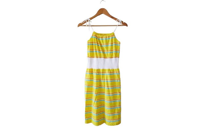 Deadstock 80s RAINBOW spaghetti halter strap mini dress,clear Beads detail,Small - 洋裝/連身裙 - 棉．麻 黃色
