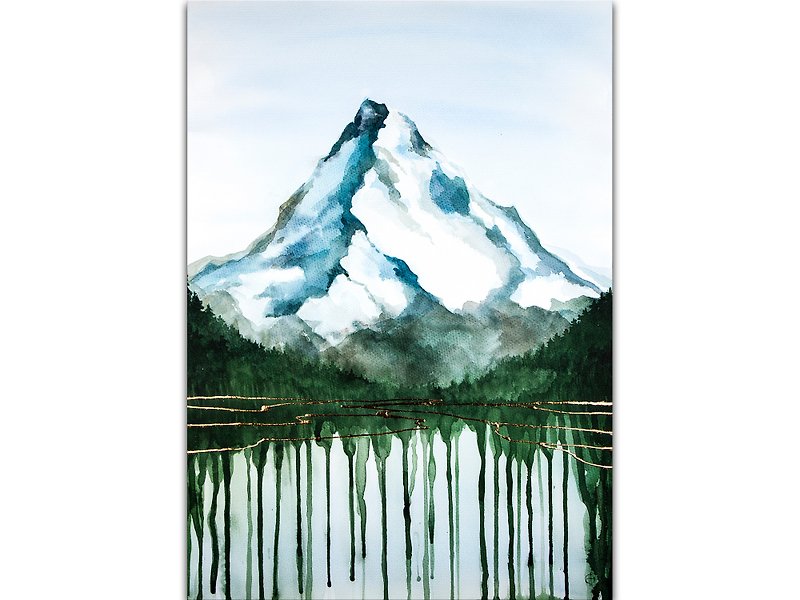 Mountain Painting Original Abstract Watercolor Landscape Large Hand-Painted - 海報/掛畫/掛布 - 其他材質 綠色