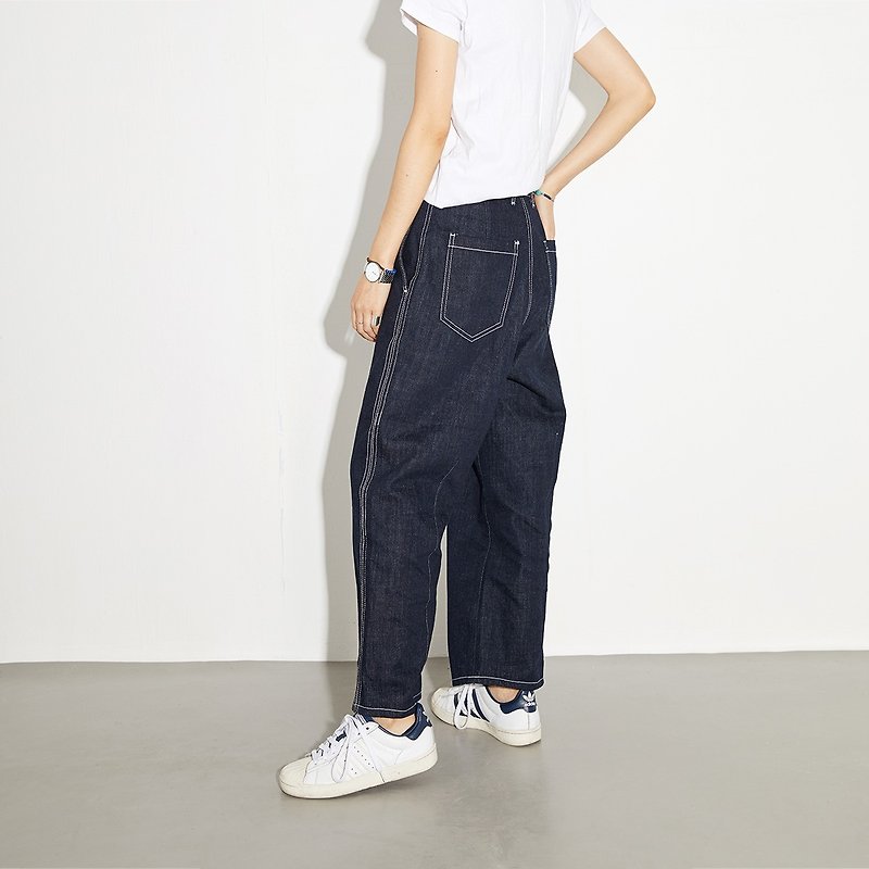 Gao fruit GAOGUO original designer women's brand wide leg nine points washed pocket straight casual jeans - กางเกงขายาว - ผ้าฝ้าย/ผ้าลินิน สีน้ำเงิน
