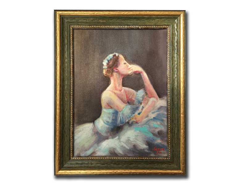 Framed Ballerina Painting Original Oil Blue dancer Impressionist Ballet Art - ของวางตกแต่ง - วัสดุอื่นๆ สีเขียว